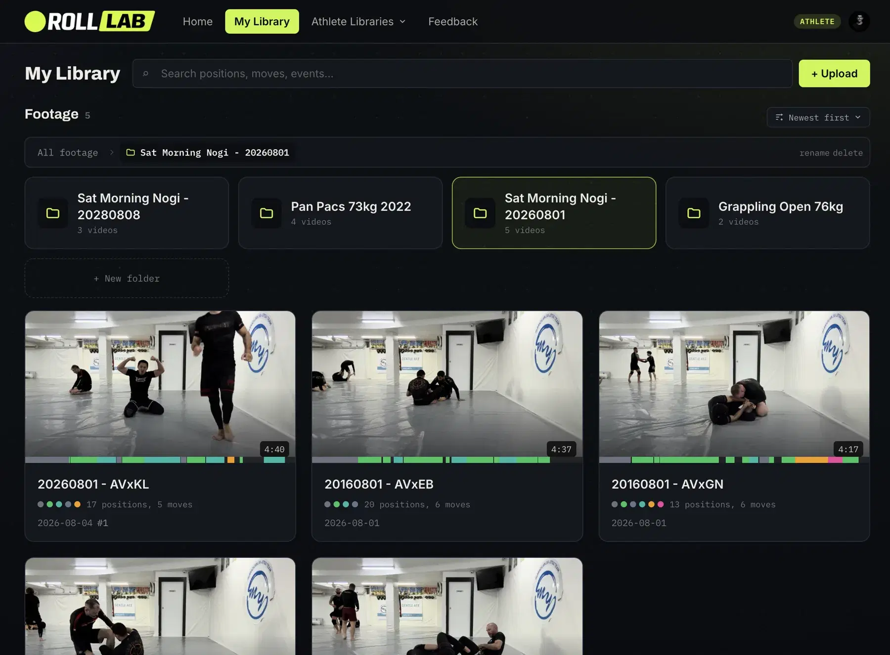 A RollLab library with footage organised into folders by training session and competition, and labelled videos below