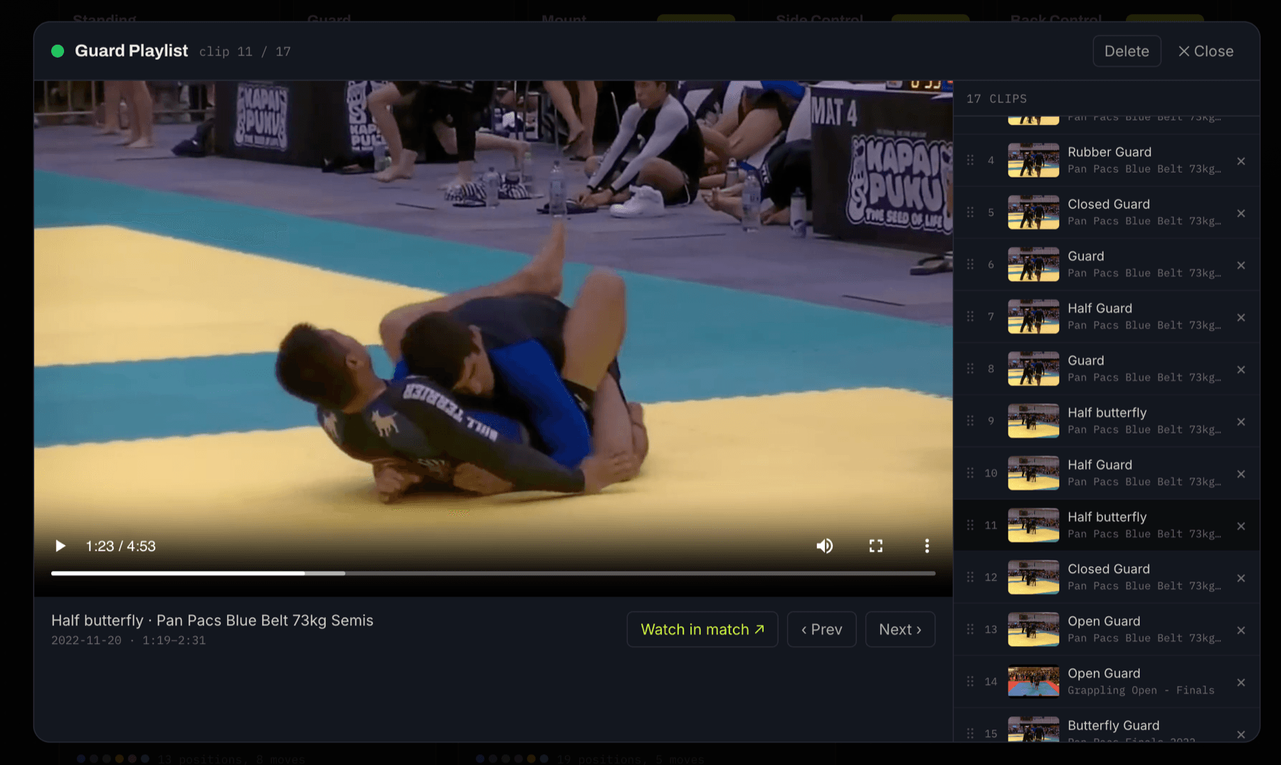 A Guard playlist in RollLab playing one of 17 automatically collected clips, with the full clip list alongside